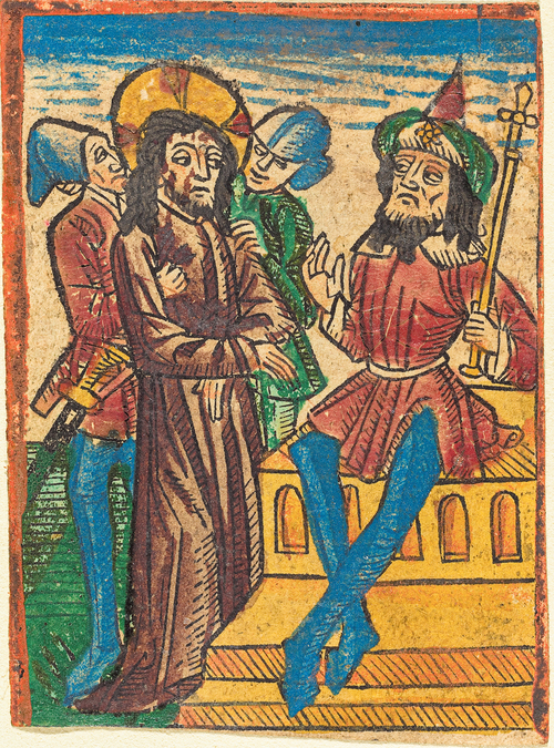 'German 15th Century, Christ before Pilate, c. 1490, hand-colored woodcut, Rosenwald Collection, 1943.3.5814'