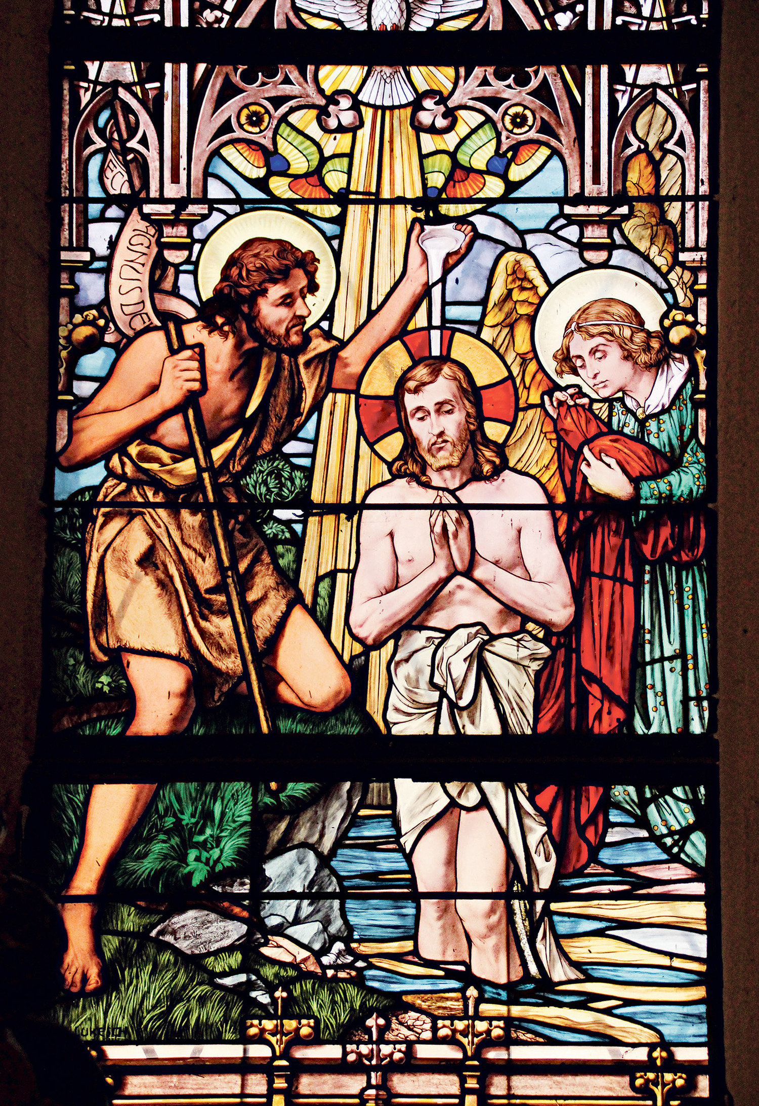 Taufe Jesu, Glasfenster in der Stadtpfarrkirche Steyr (Detail). 